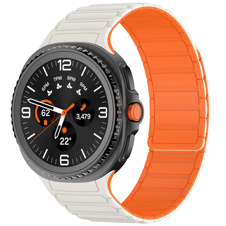 Magnetic Silicone Loop Band for Samsung Galaxy Watch 8 40/44/46mm in a modern design with orange and white colors.