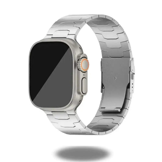 Premium masculine titanium alloy band for Apple Watch featuring a satin-brushed stainless steel design.