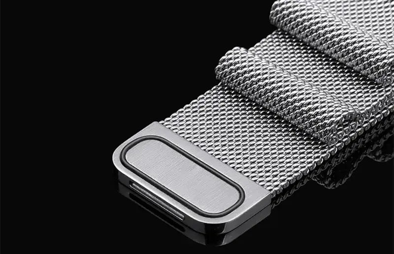 Close-up of the smooth stainless steel Metal Mesh Loop watch band with a sleek, fully magnetic closure.