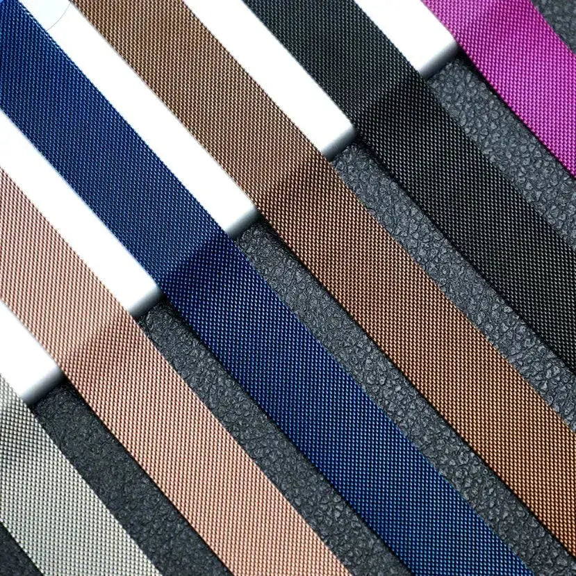 Metal mesh loop bands in various colors including black, blue, and rose gold, featuring smooth stainless steel and magnetic design.