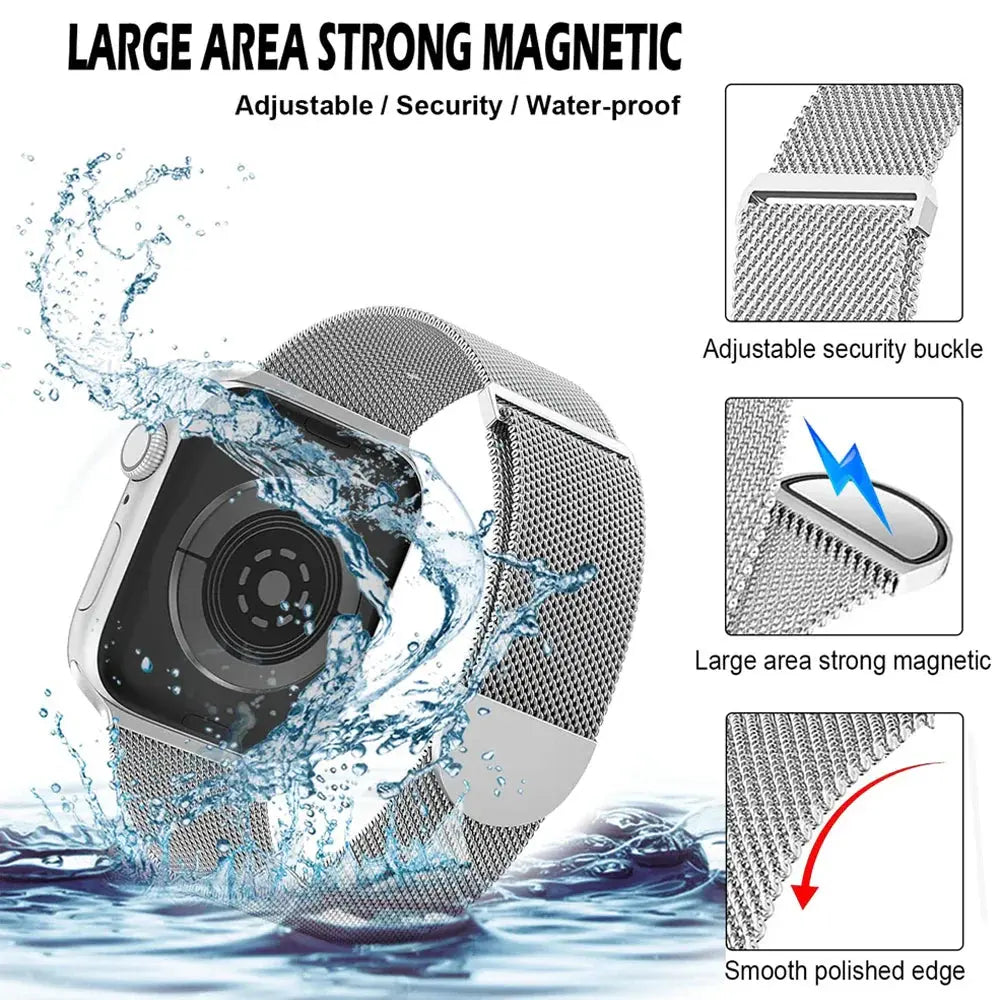 Upgraded Milan Loop for Apple Watch, waterproof stainless steel band with strong magnetic closure and adjustable security buckle.