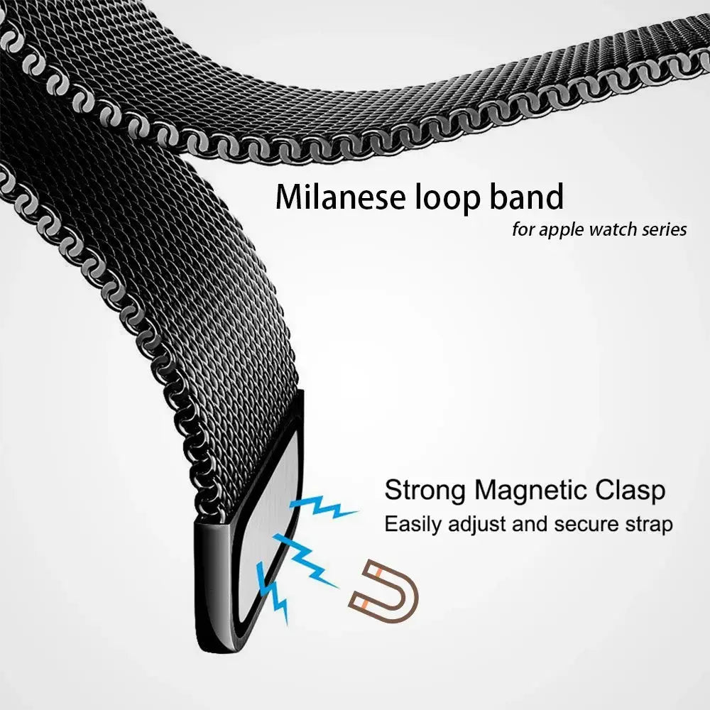 Milanese loop band for Apple Watch with strong magnetic clasp, adjustable and stylish stainless steel design.