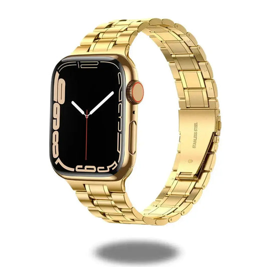 Modern gold stainless steel link bracelet for Apple Watch, showcasing elegance and durability.
