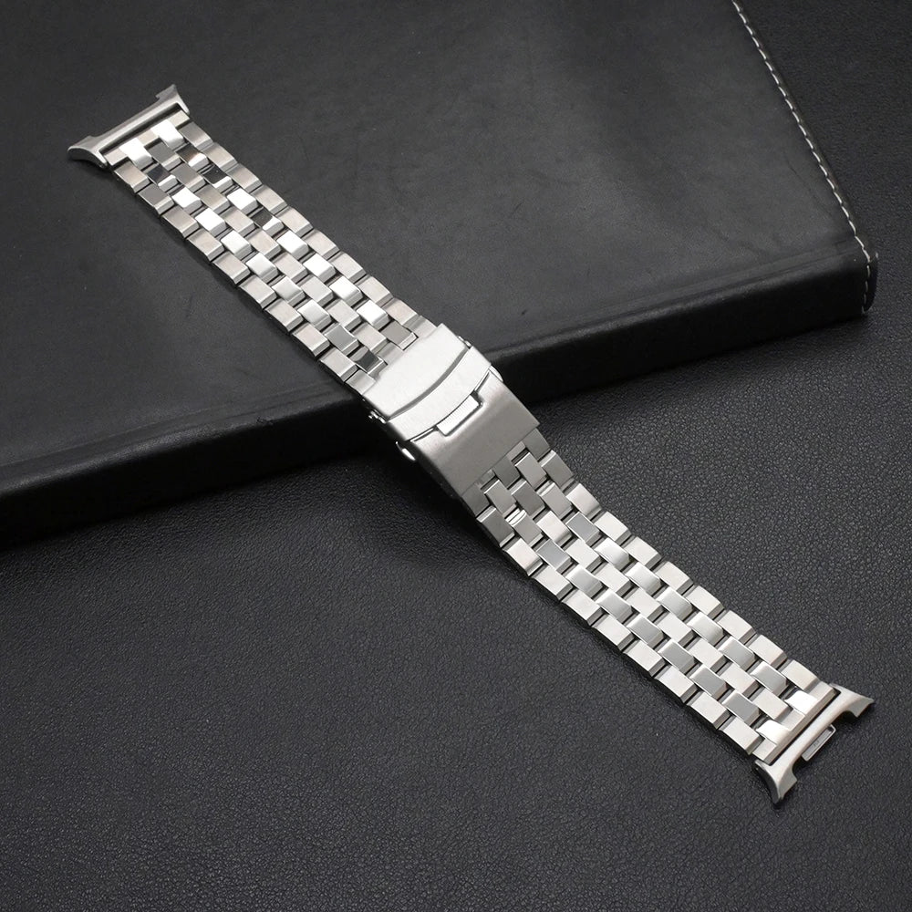 No Gaps Stainless Steel Bracelet for Samsung Galaxy Watch 8/Classic 46mm on a black surface.