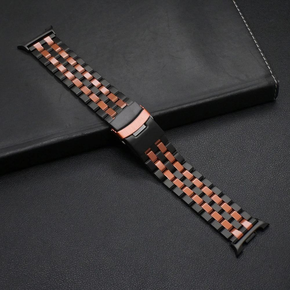 No Gaps Stainless Steel Bracelet for Samsung Galaxy Watch 8/Classic 46mm resting on a black surface.