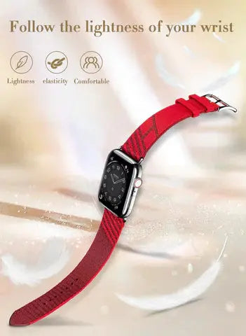 Red Jumping Single Tour Strap for Apple Watch showcasing lightness, elasticity and comfort on a sleek wrist.