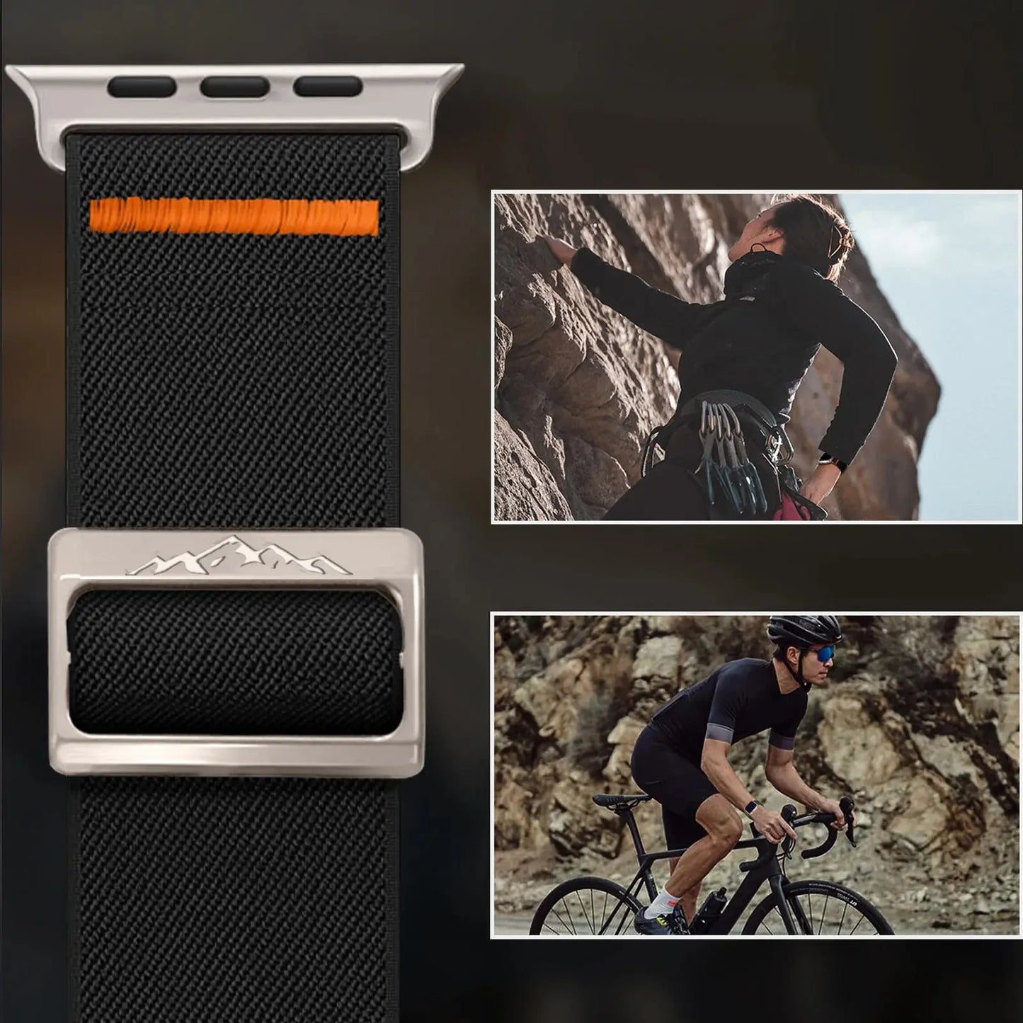 Nylon elastic strap with titanium buckle, ideal for Apple Watch, demonstrated during climbing and cycling activities.