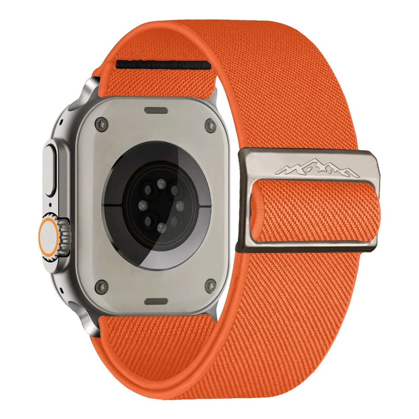 Nylon elastic strap with titanium buckle for Apple Watch, featuring an orange braided solo loop design. Compatible with various sizes.