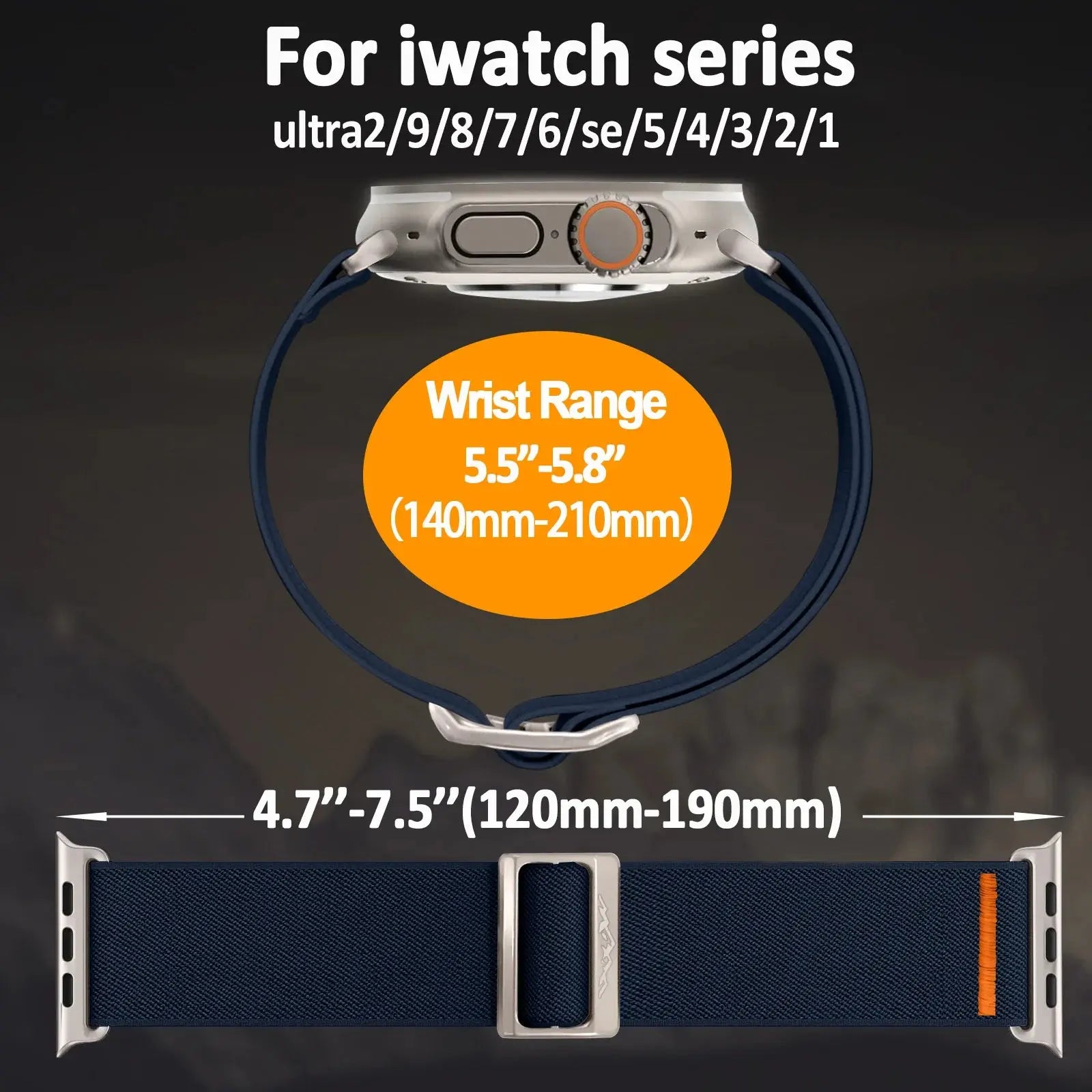 Nylon elastic strap with titanium buckle for Apple Watch series, adjustable wrist range 5.5"-5.8" and 4.7"-7.5".