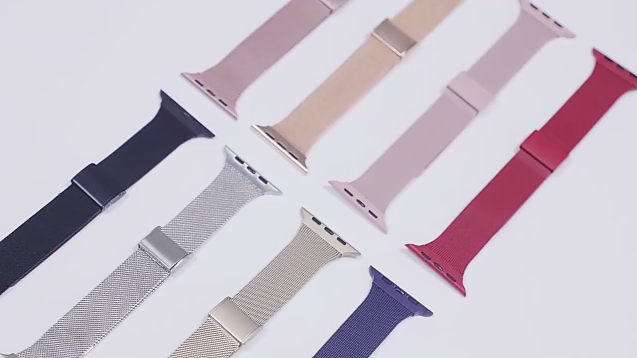 Various colors of Slim Milanese Loop iWatch bands, showcasing premium stainless steel and adjustable features for a professional look.