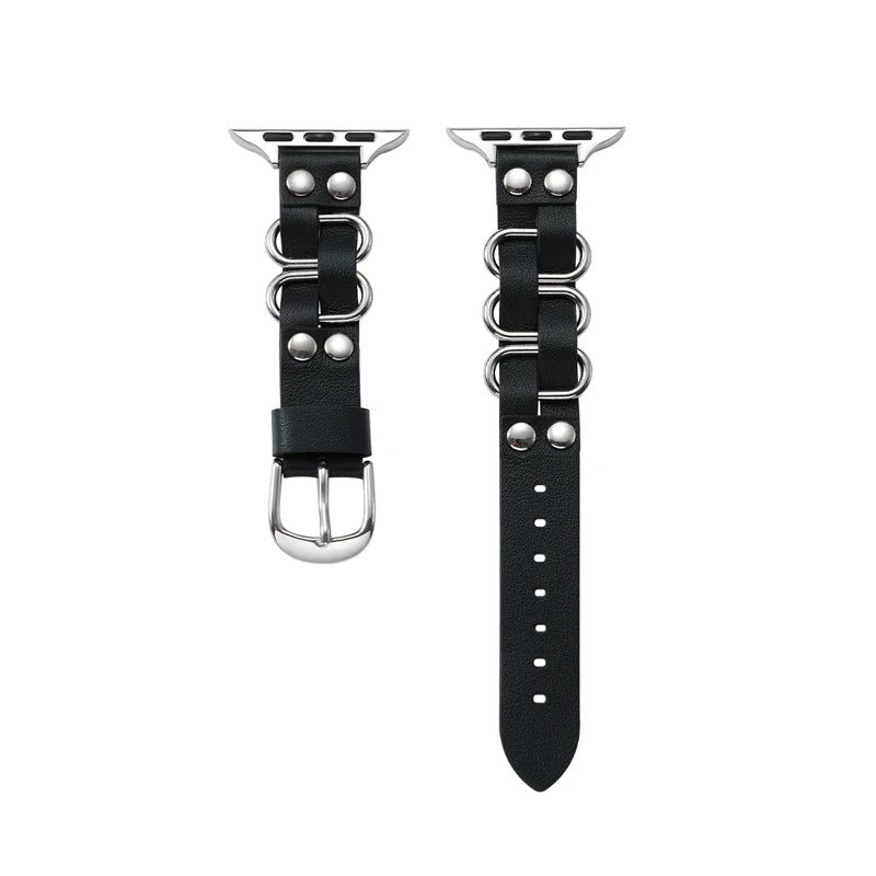 Retro Leather Apple Watch Band for Women (38–49mm) in black leather with silver accents, perfect for styling and gifting.