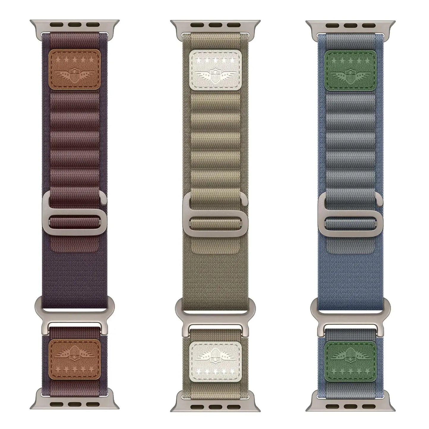 Royal Alpine Loop nylon bands for Apple Watch in purple, green, and blue with leather trim for a royal look.