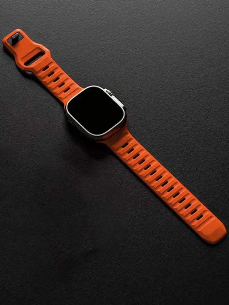 Rugged orange silicon sports band for Apple Watch, designed for adventure and strength, ideal for men and sports lovers.