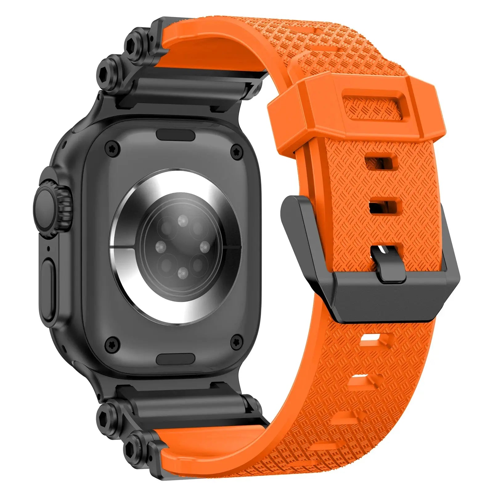 Rugged Rocky Band for Apple Watch with orange TPU strap and stainless steel clasp, ideal for men and women.