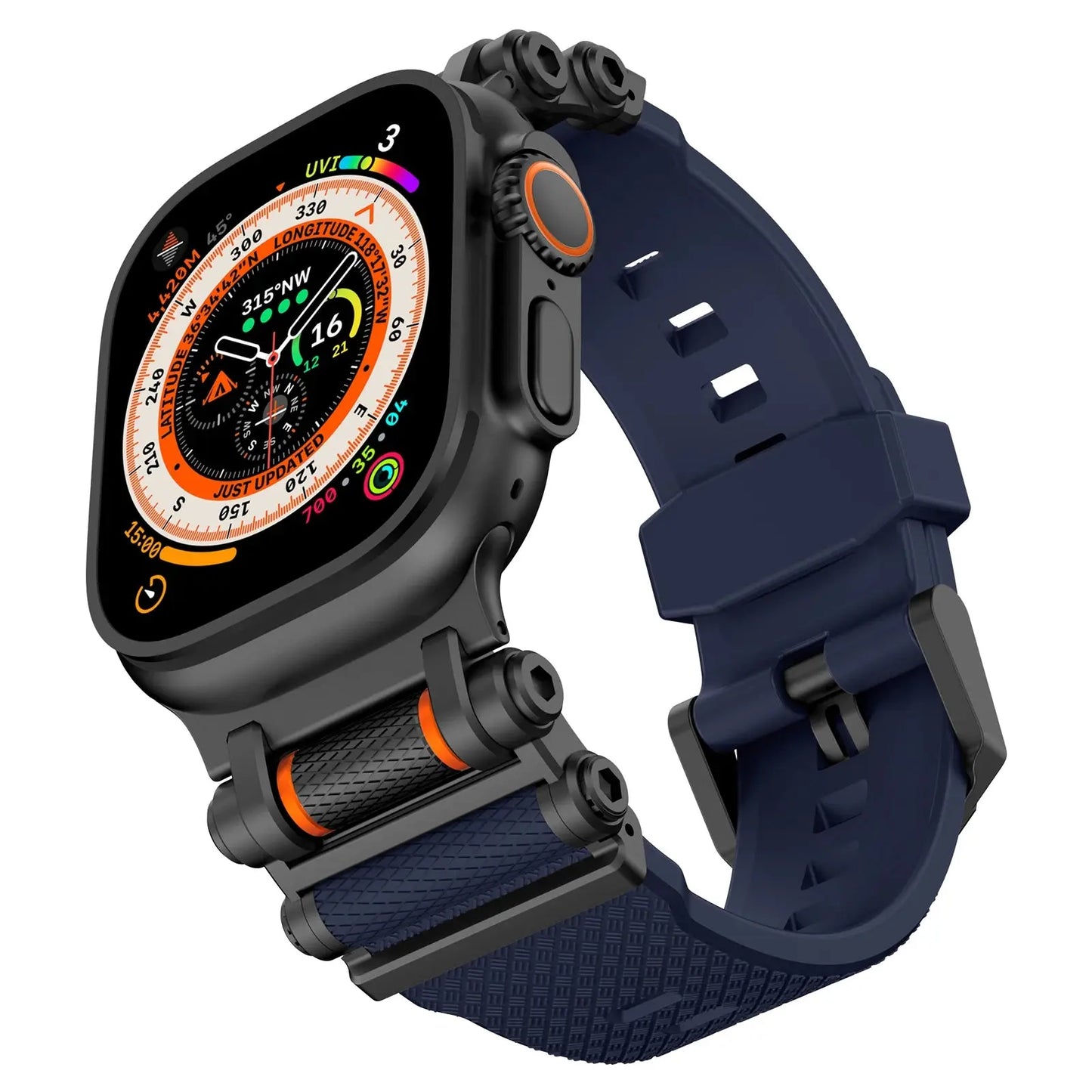 Rugged Rocky Band for Apple Watch, silicone strap, compatible with iSeries 3-9, unisex watchband, navy blue design.