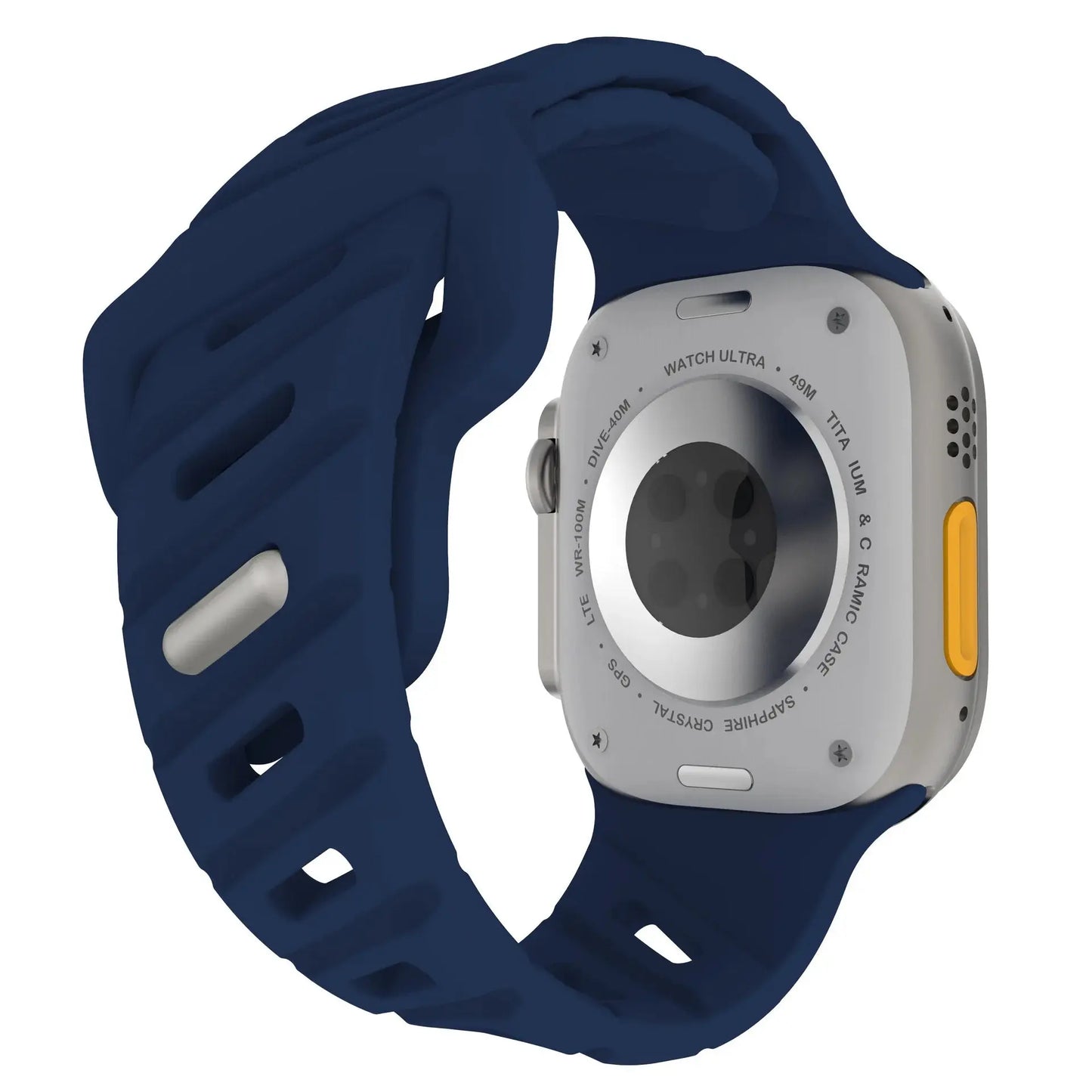 Rugged sporty silicone strap in navy for Apple Watch Ultra, featuring stainless steel connectors and a unisex design.