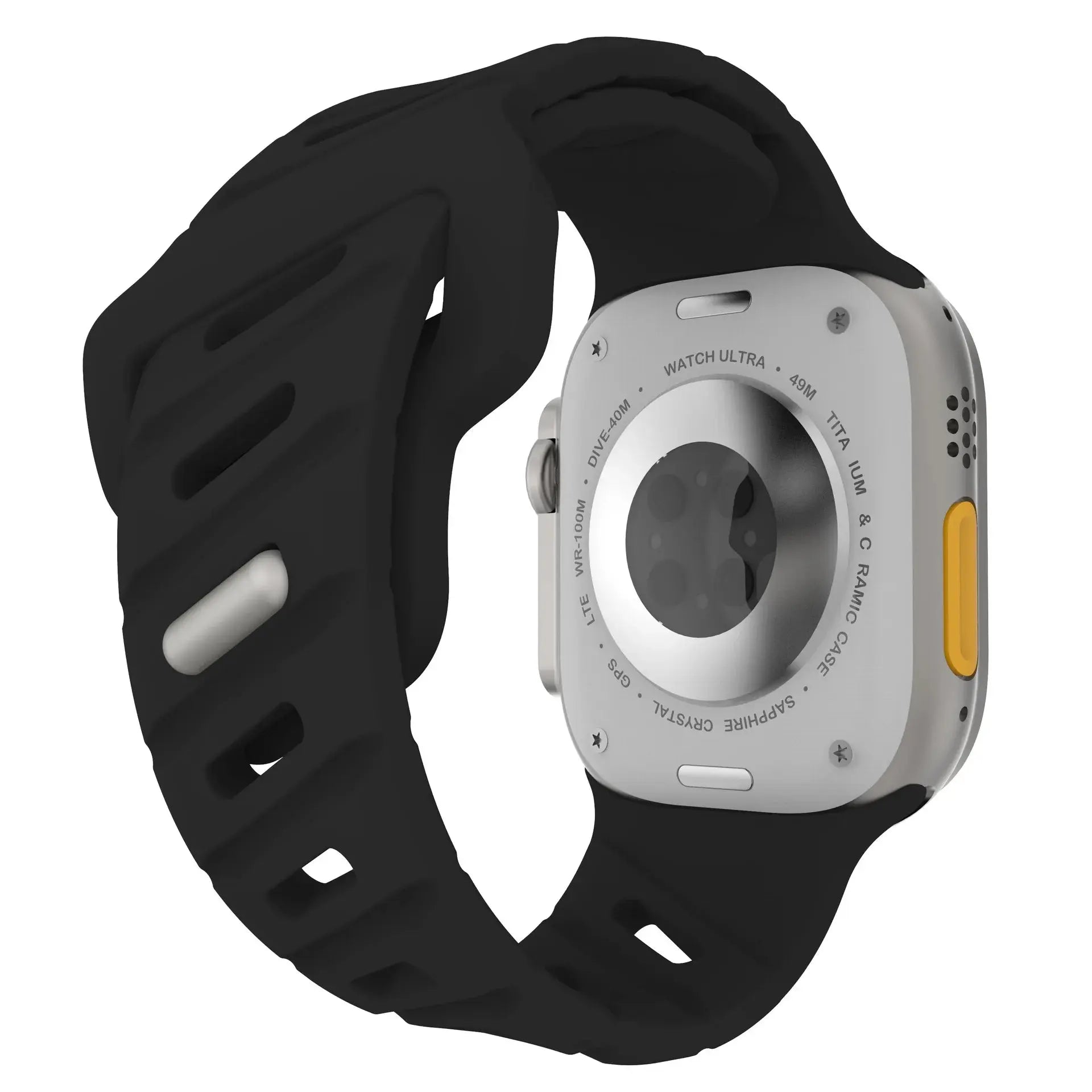 Rugged sporty black silicone strap for Apple Watch with stainless steel connector, compatible with various models.