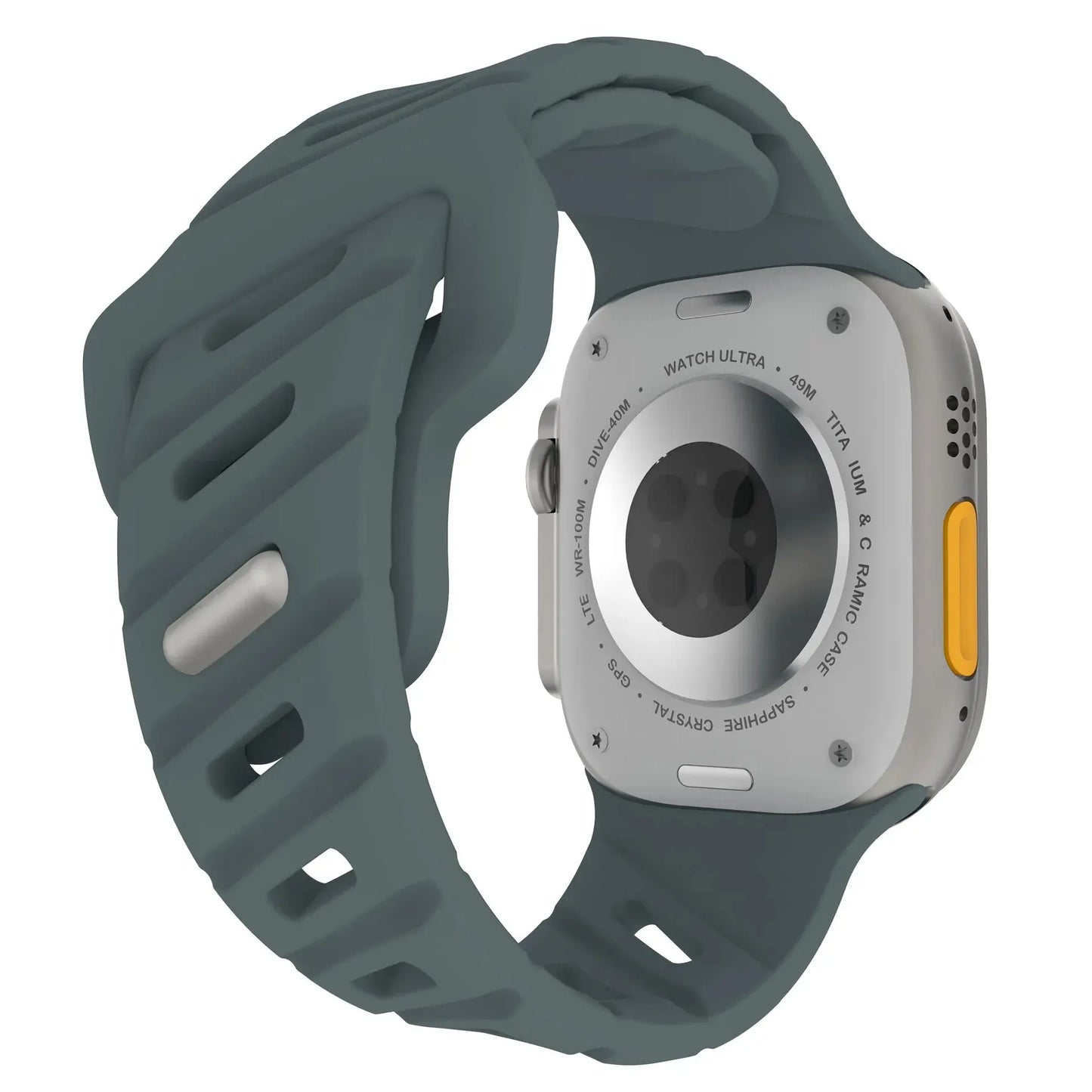 Rugged sporty silicone strap for Apple Watch, compatible with various series, in gray with stainless steel connector.