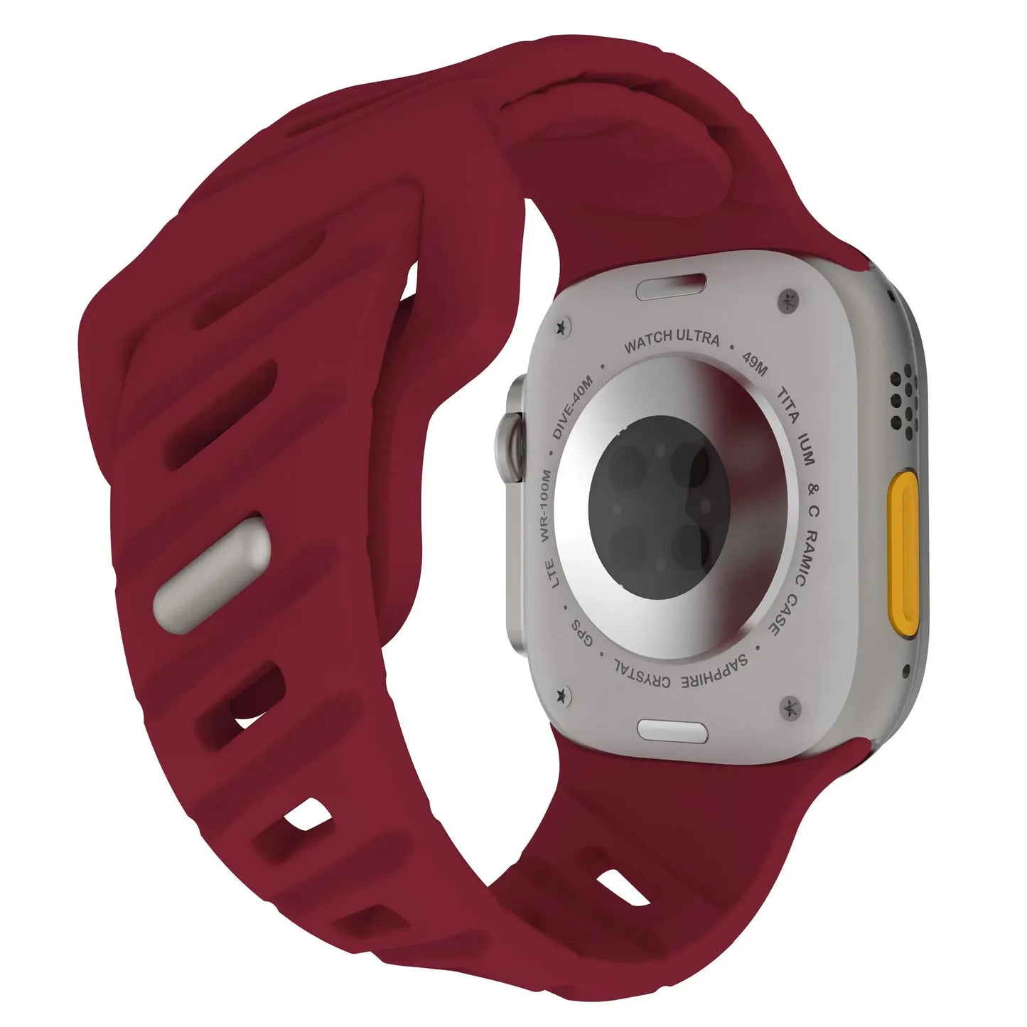 Rugged silicon strap for Apple Watch, featuring a sporty design and stainless steel connector, suitable for unisex use.