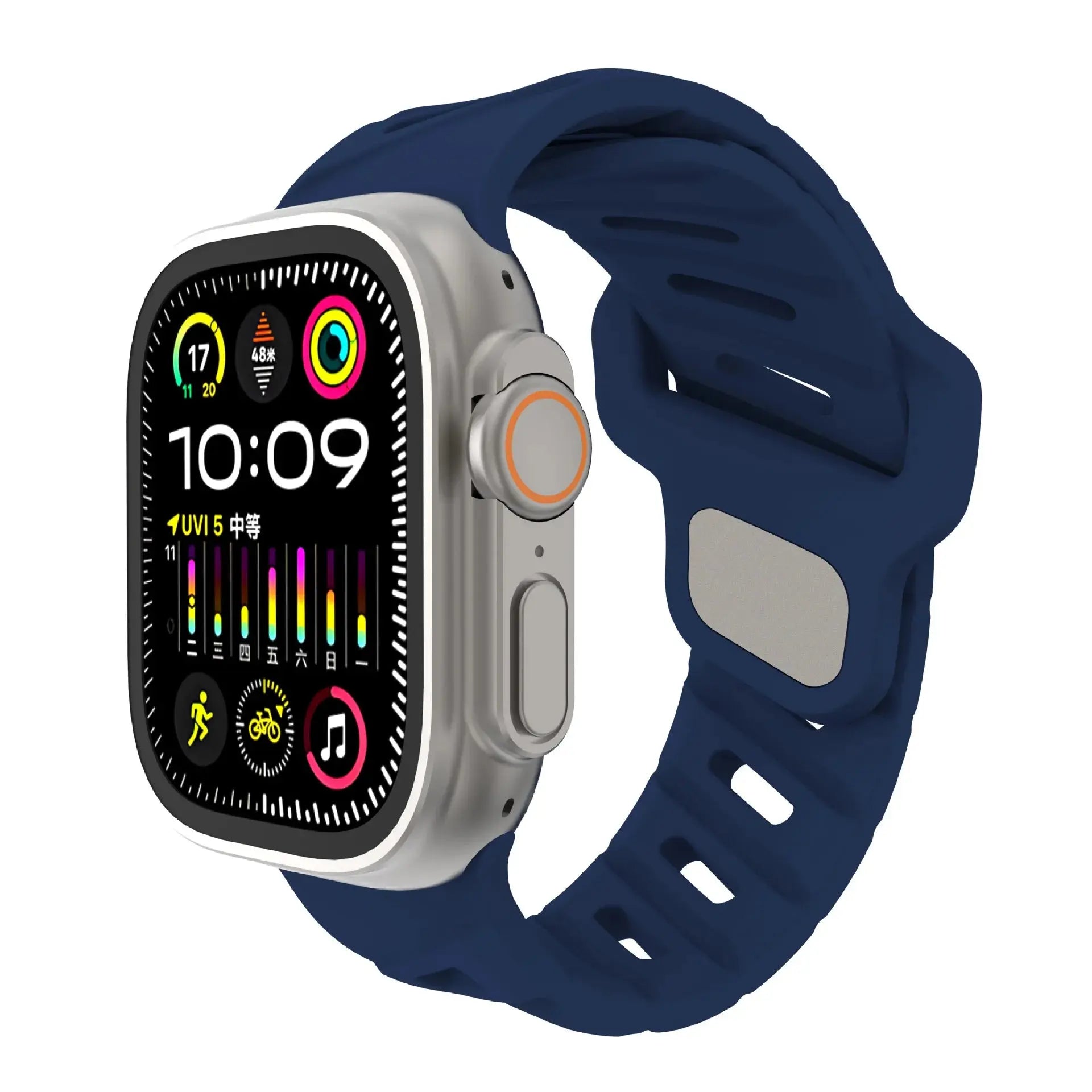 Rugged sporty silicone strap for Apple Watch, designed for men and women, featuring stainless steel connectors.