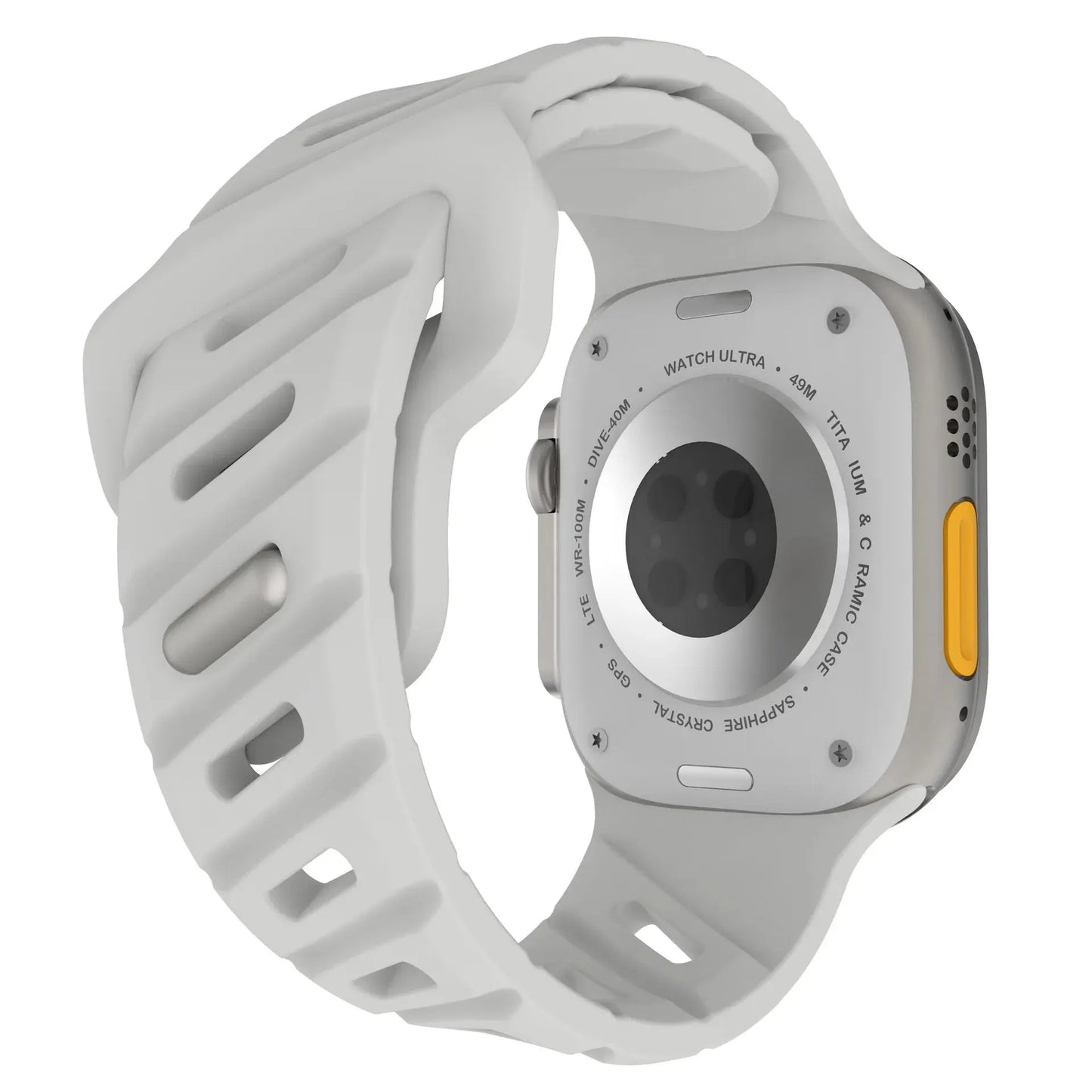 Rugged sporty silicon strap in white for Apple Watch, compatible with various models and designed for men and women.