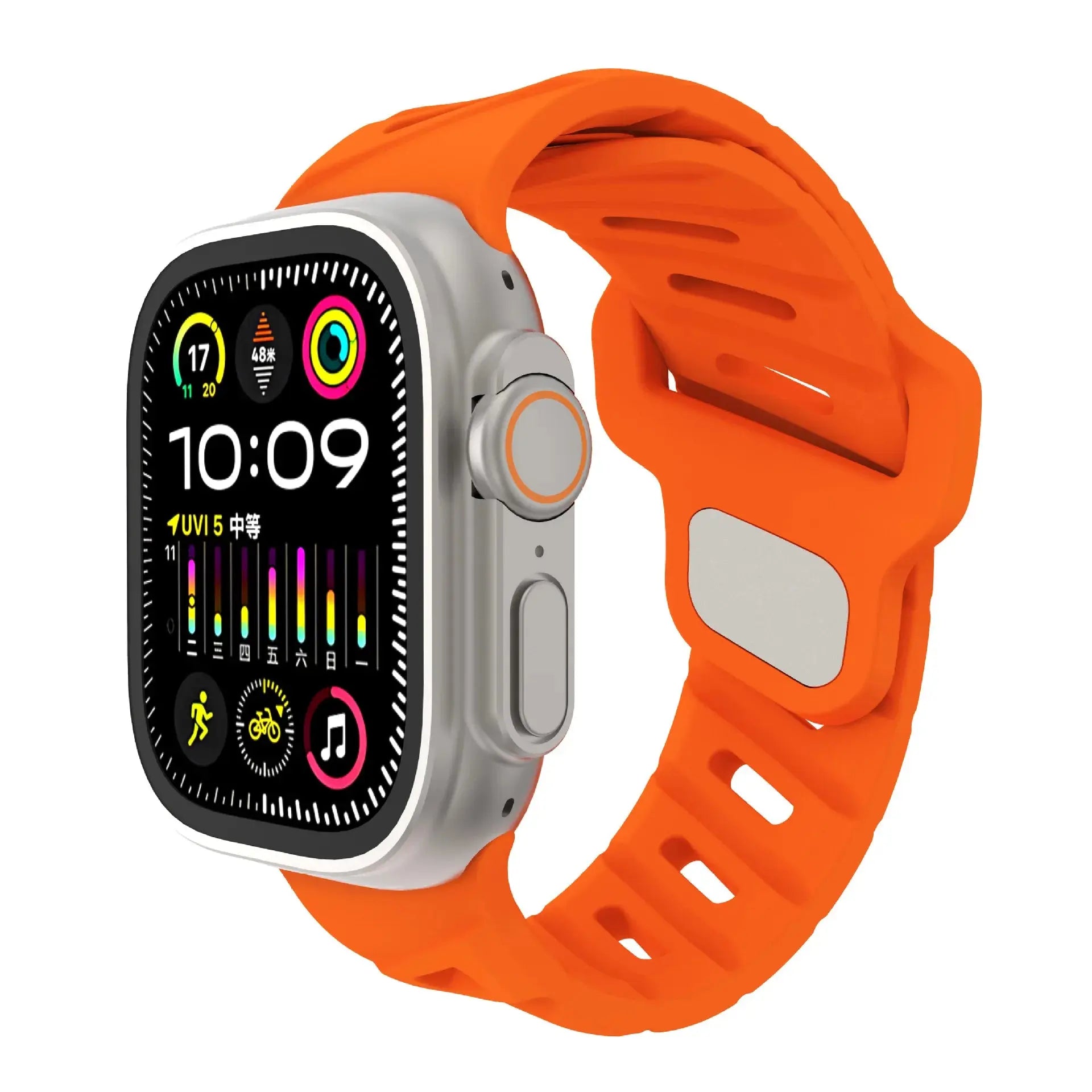Rugged sporty silicone strap for Apple Watch in vibrant orange color, compatible with series 3 to 9, unisex design.