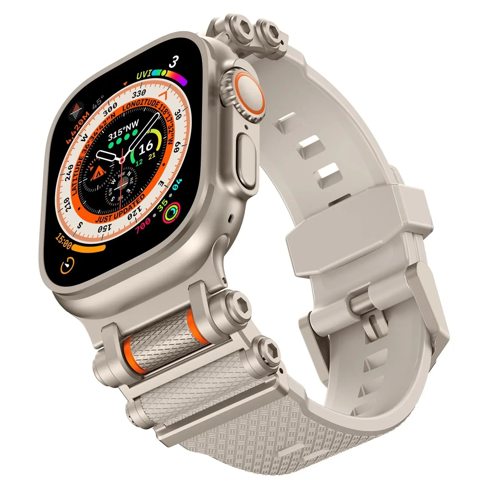 Rugged Rocky Band for Apple Watch featuring a durable TPU strap and stainless steel connector, suitable for all genders.
