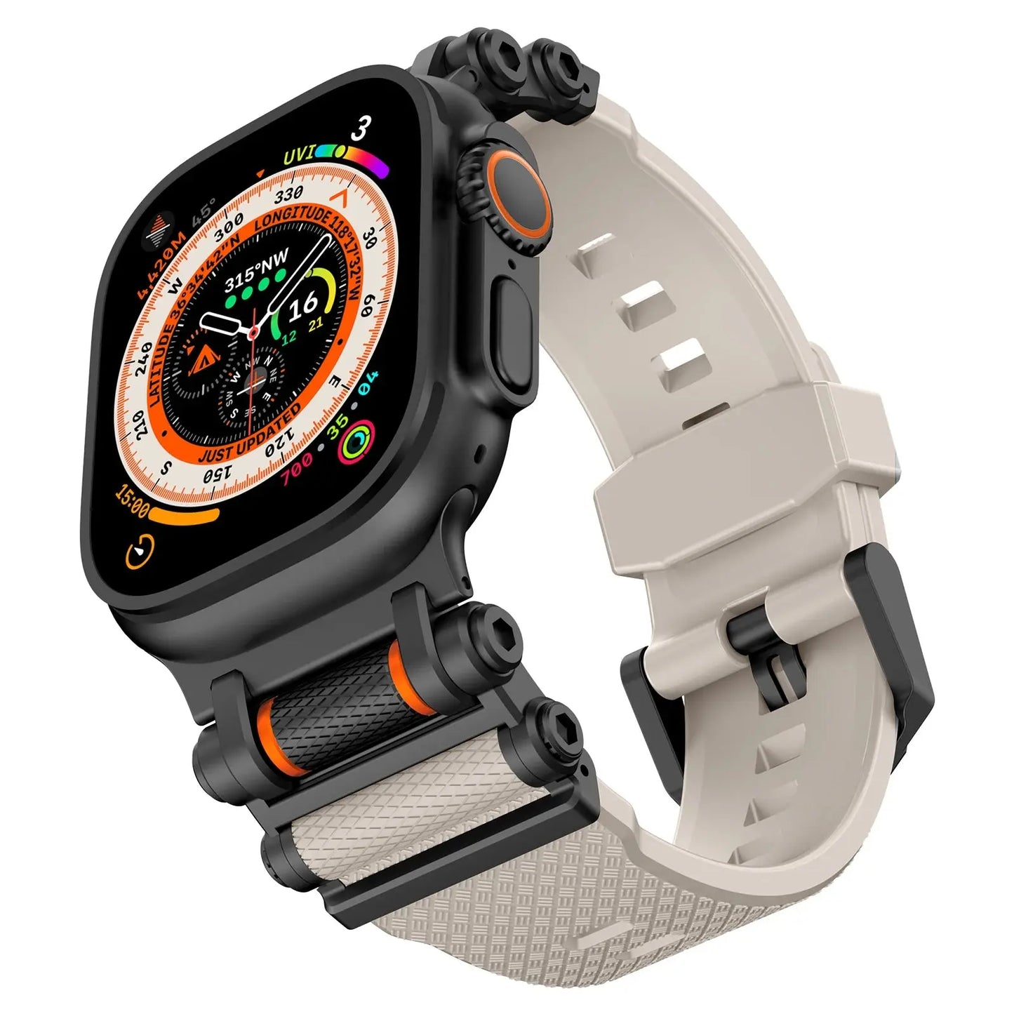 Rocky Band for Apple Watch with rugged TPU strap, stainless steel connectors, and sporty design, suitable for unisex wear.