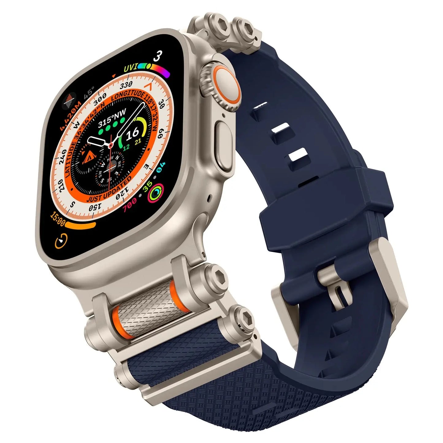 Rugged Rocky Band for Apple Watch, navy TPU strap, stainless steel connectors for men and women, compatible with Apple Watch series 3-9.