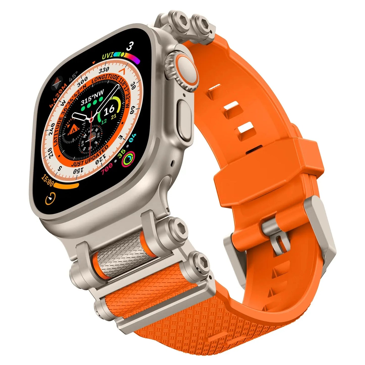 Rugged Rocky Band for Apple Watch in orange silicone, suitable for men and women, features stainless steel connectors.