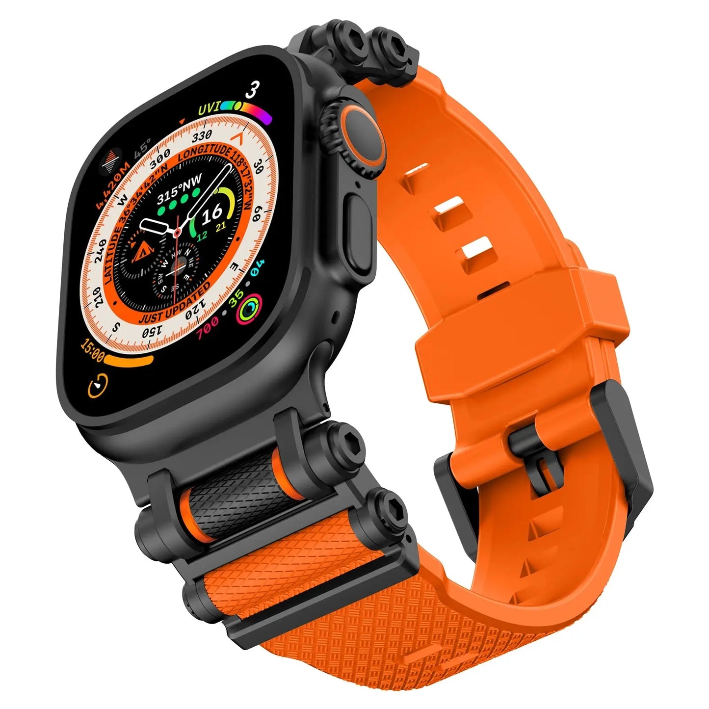 Rugged Rocky Band for Apple Watch in orange, silicone strap for iSeries 3-9, durable and unisex design.