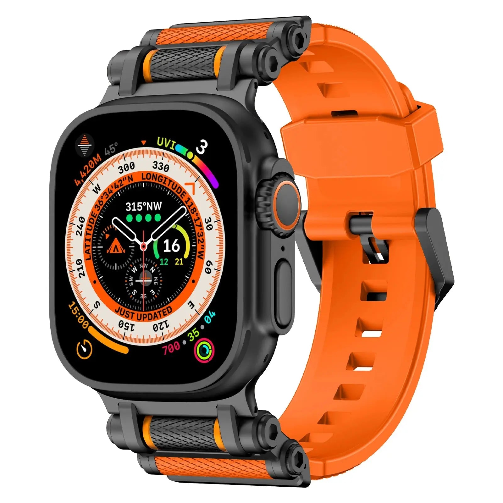 Rugged Rocky Band for Apple Watch in orange and black, designed for outdoor enthusiasts, compatible with series 3-9, unisex silicone strap.