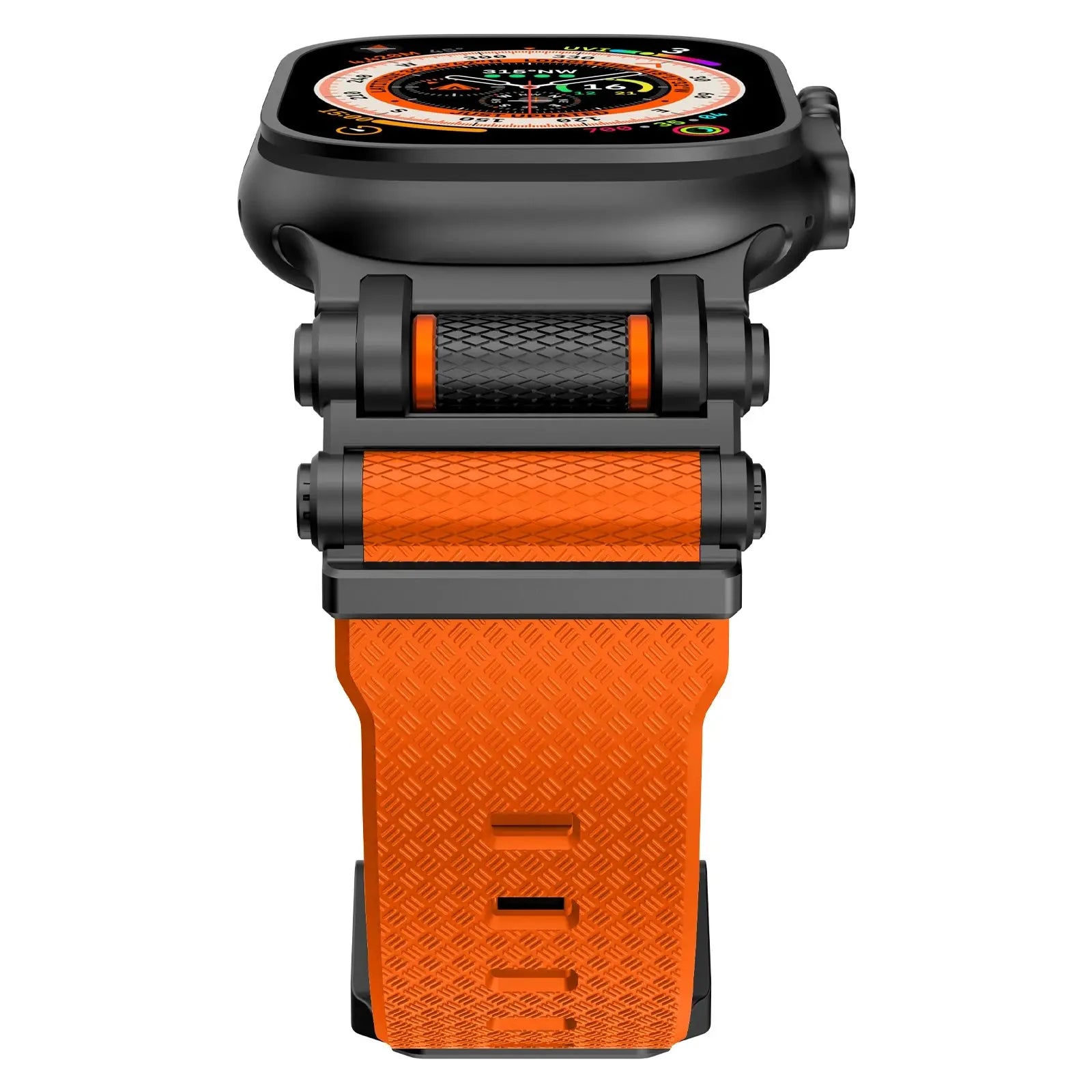 Rugged Rocky Band for Apple Watch, orange TPU strap, stainless steel connector, compatible with Apple Watch models 3-9.