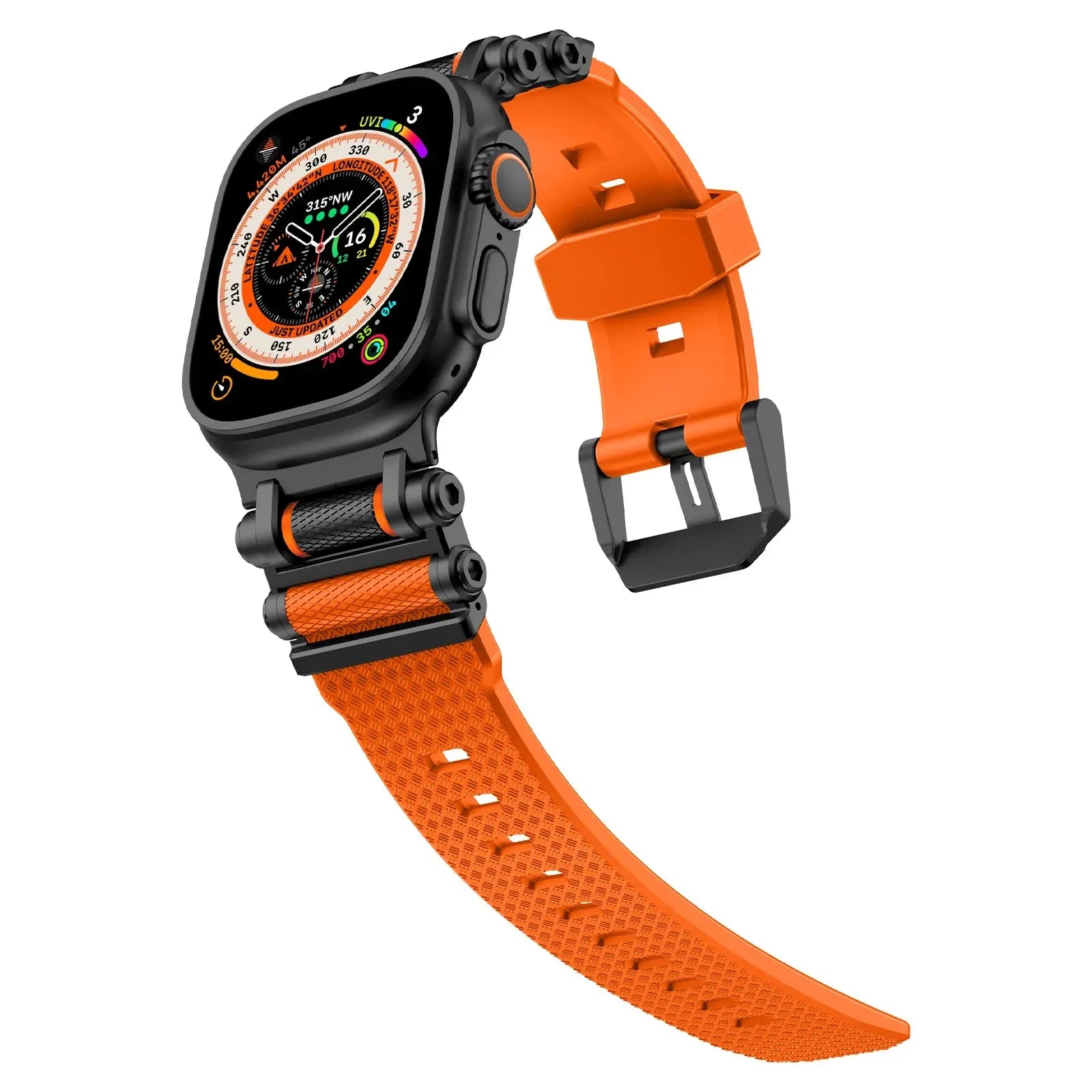Rugged The Rocky Band for Apple Watch with orange TPU strap and stainless steel clasp, suitable for men and women.
