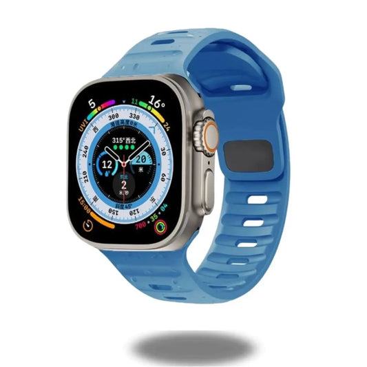 Rugged Silicon Sports Band for Apple Watch in vibrant blue, designed for adventurers and sports lovers.