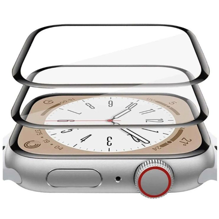 2 Set of Screen Protectors layered over an Apple Watch, demonstrating full-screen coverage and scratch protection.