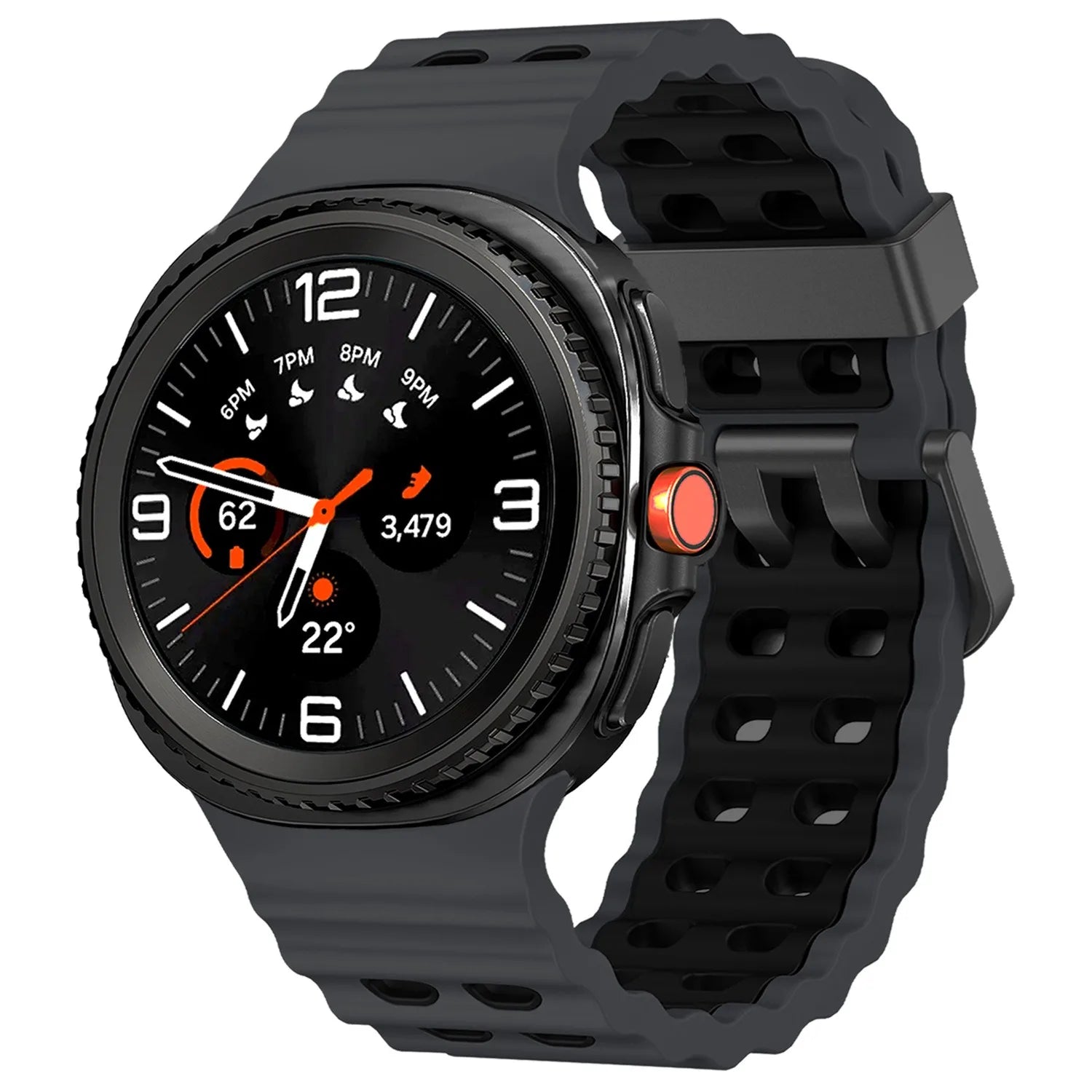 Silicone Breathable Sport Band for Samsung Galaxy Watch 8/Classic 46mm on a black watch with digital display.