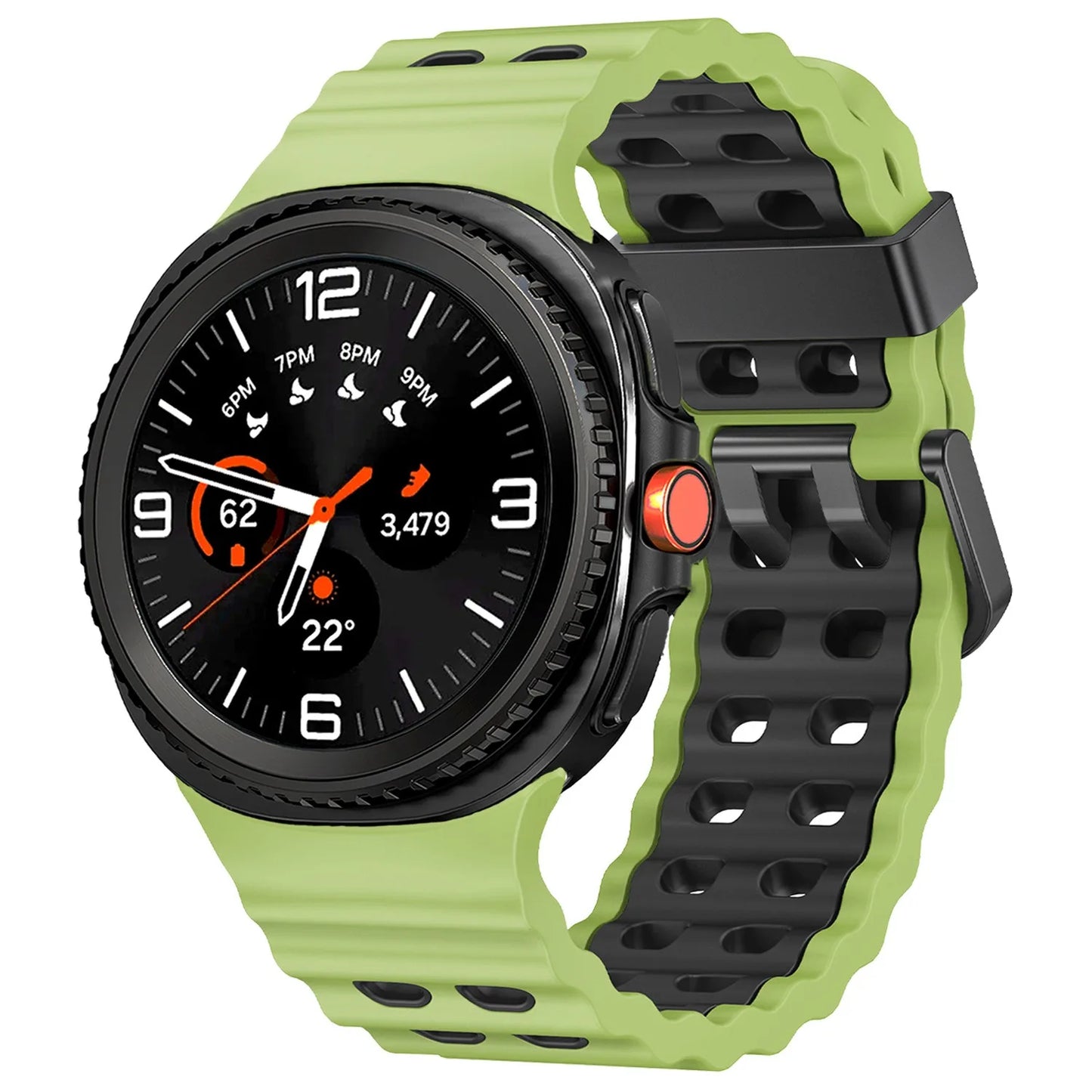 Silicone Breathable Sport Band for Samsung Galaxy Watch 8/Classic 46mm in green and black design with air vents.