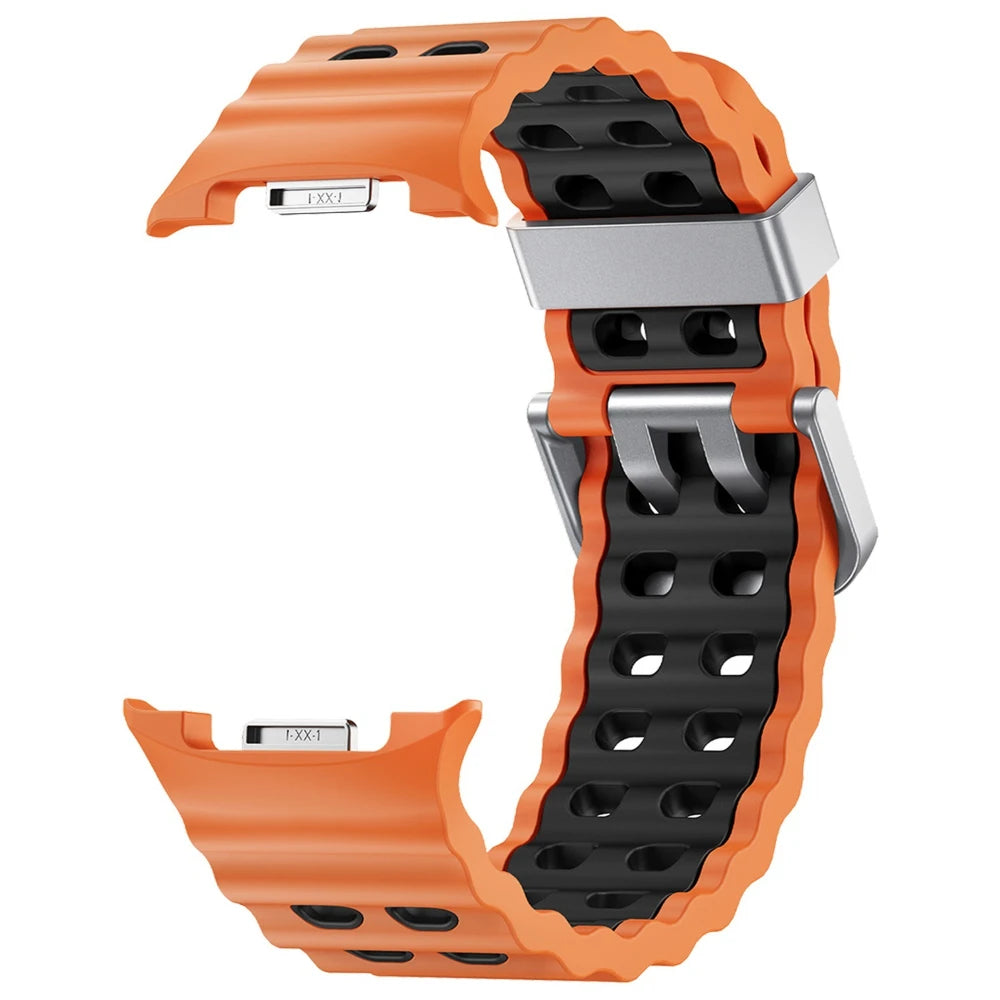 Silicone Breathable Sport Band for Samsung Galaxy Watch 8/Classic 46mm in orange and black color.