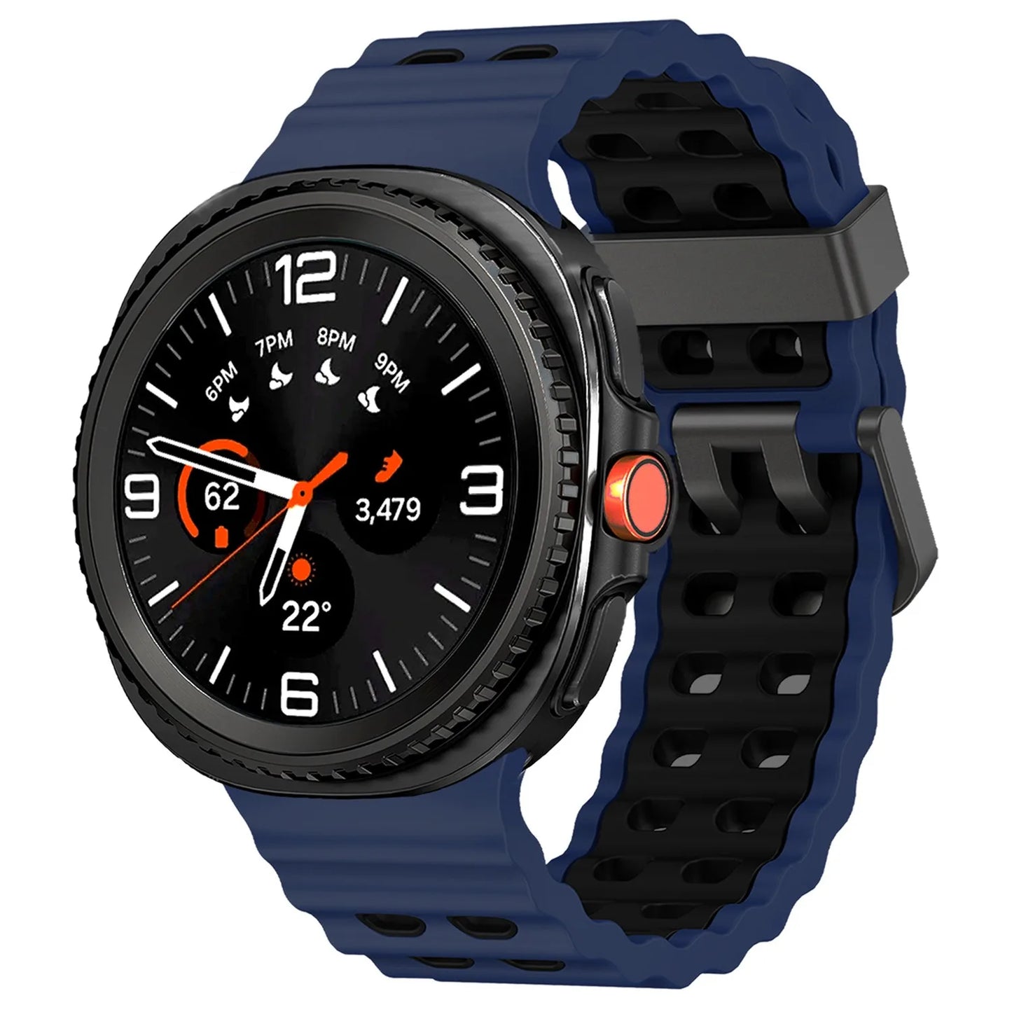 Silicone Breathable Sport Band for Samsung Galaxy Watch 8/Classic 46mm shown on a smartwatch in blue