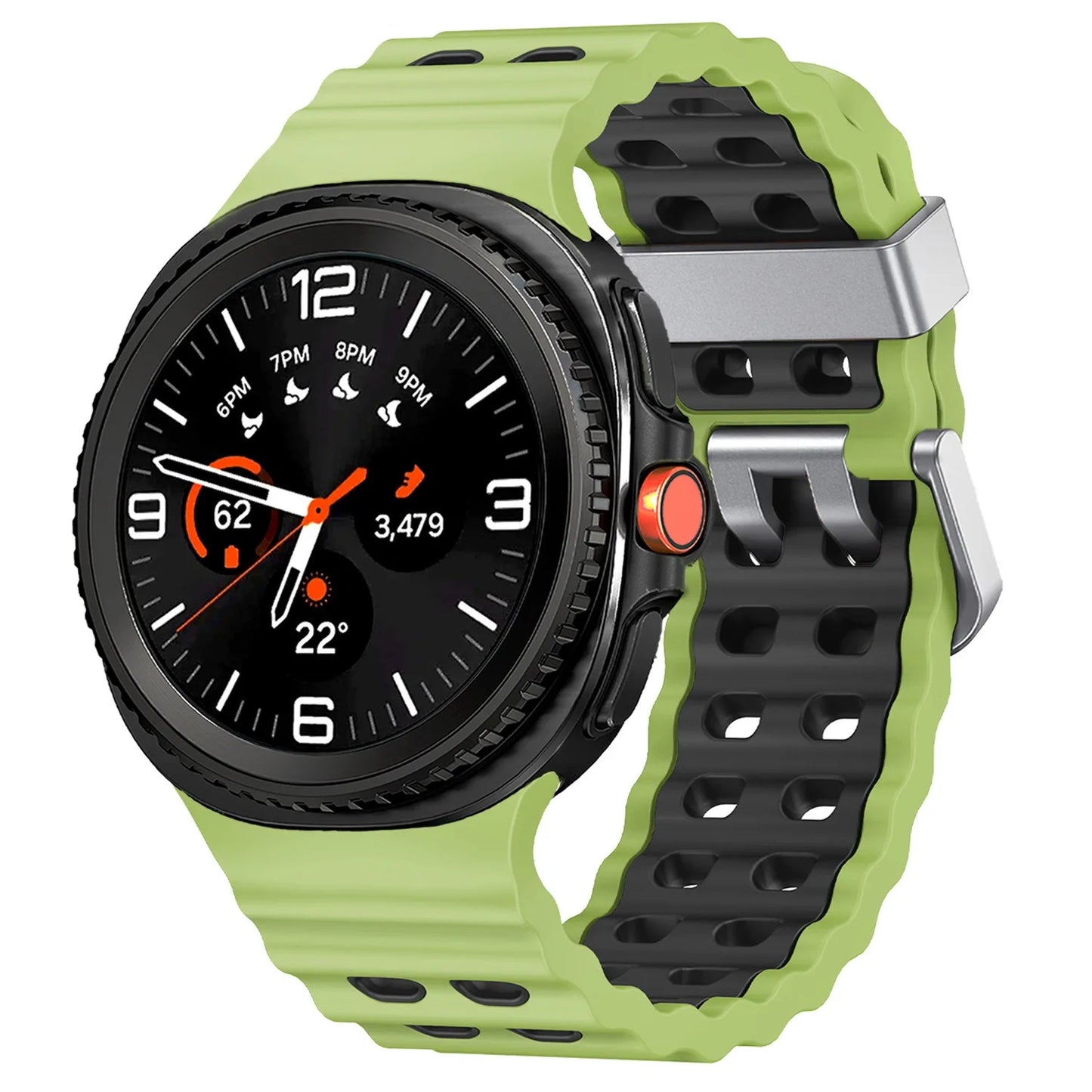 Silicone Breathable Sport Band for Samsung Galaxy Watch 8/Classic 46mm in green and black on a smartwatch display.