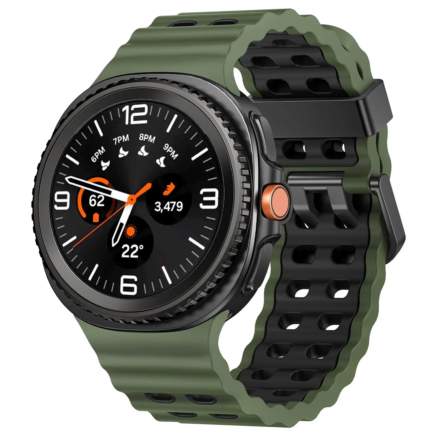 Silicone Breathable Sport Band for Samsung Galaxy Watch 8/Classic 46mm in green fitted on a black smartwatch.