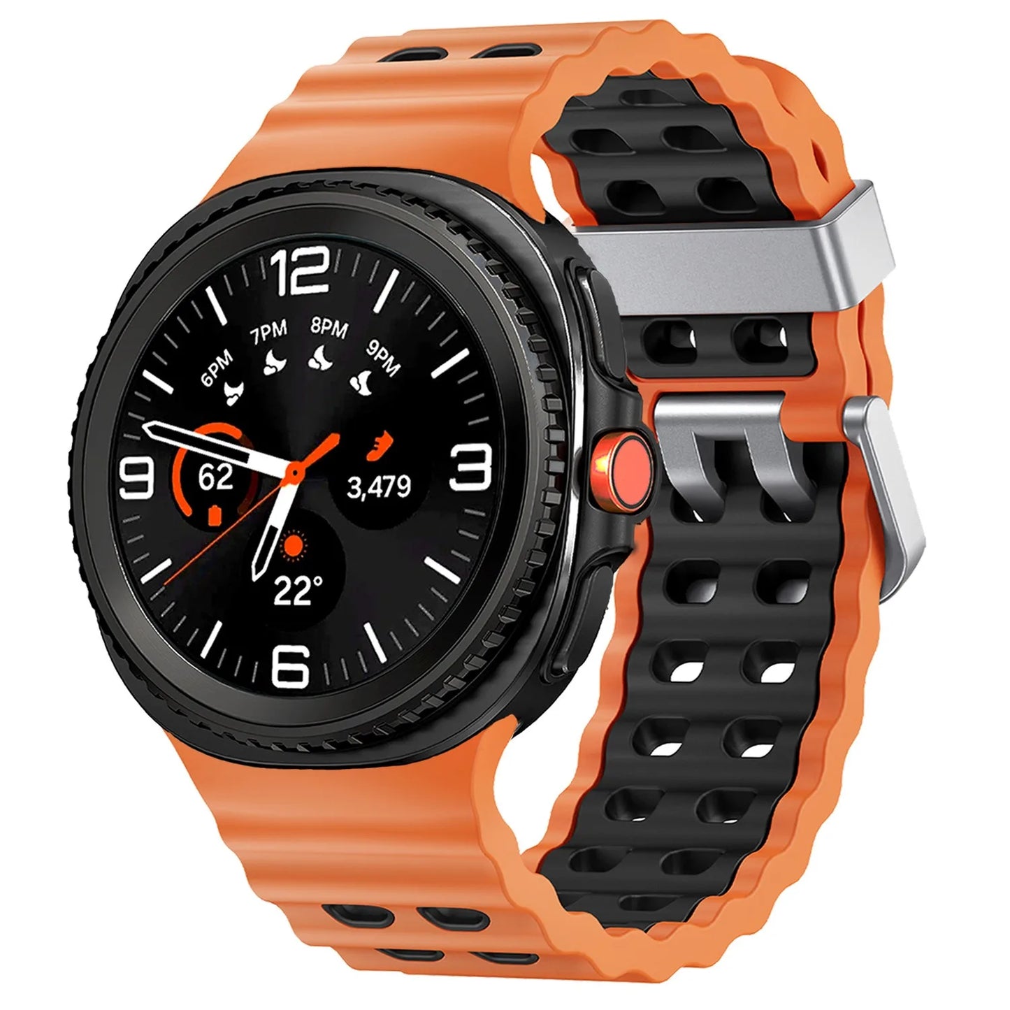 Silicone Breathable Sport Band for Samsung Galaxy Watch 8/Classic 46mm in black and orange, showing air vents for breathability.