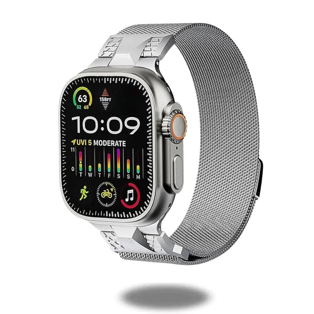 Alpha Loop Apple Watch band with Milanese Loop design, featuring premium materials and a stylish magnetic clasp.