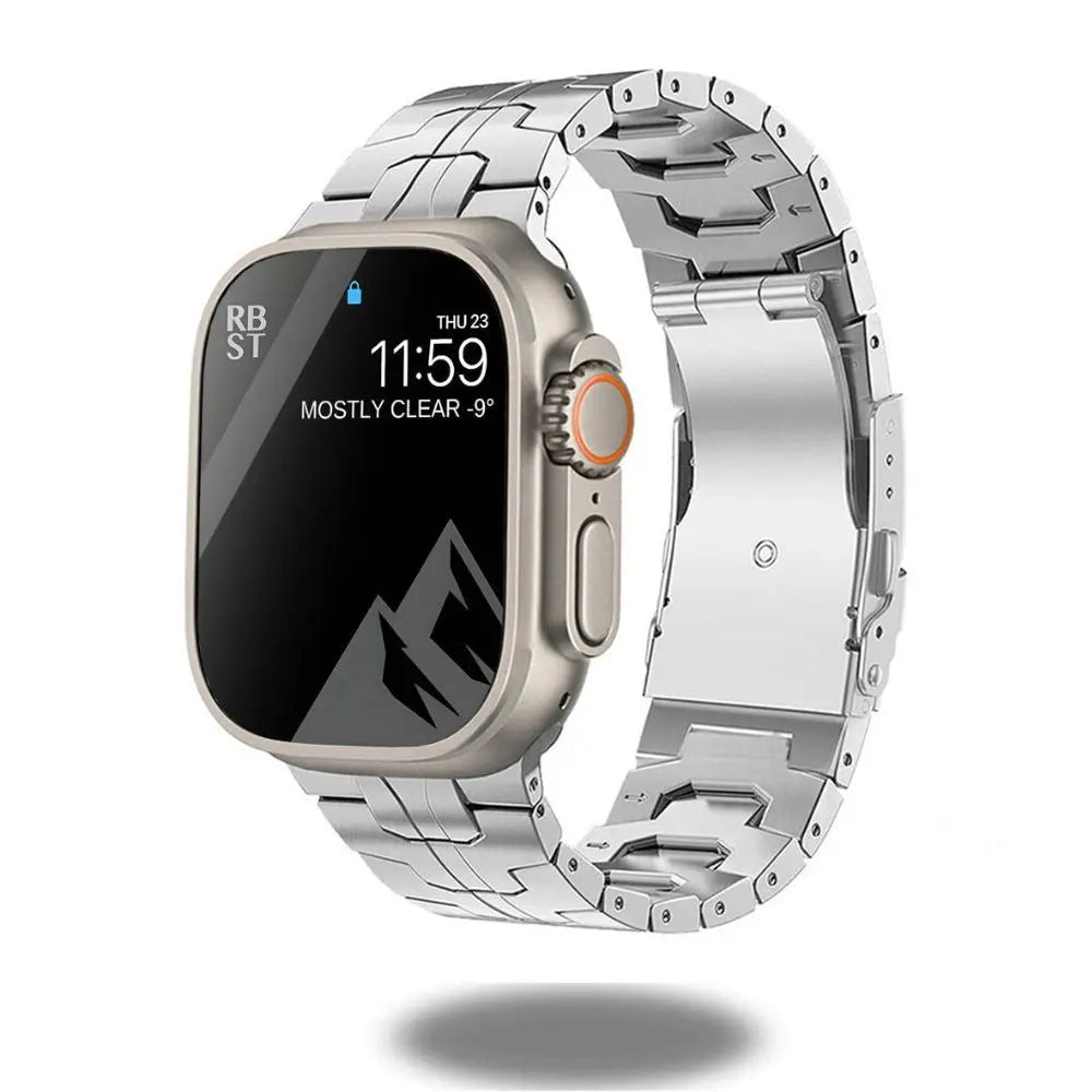 Bold titanium bracelet for Apple Watch Ultra, crafted from satin-brushed stainless steel with secure hidden buckle.