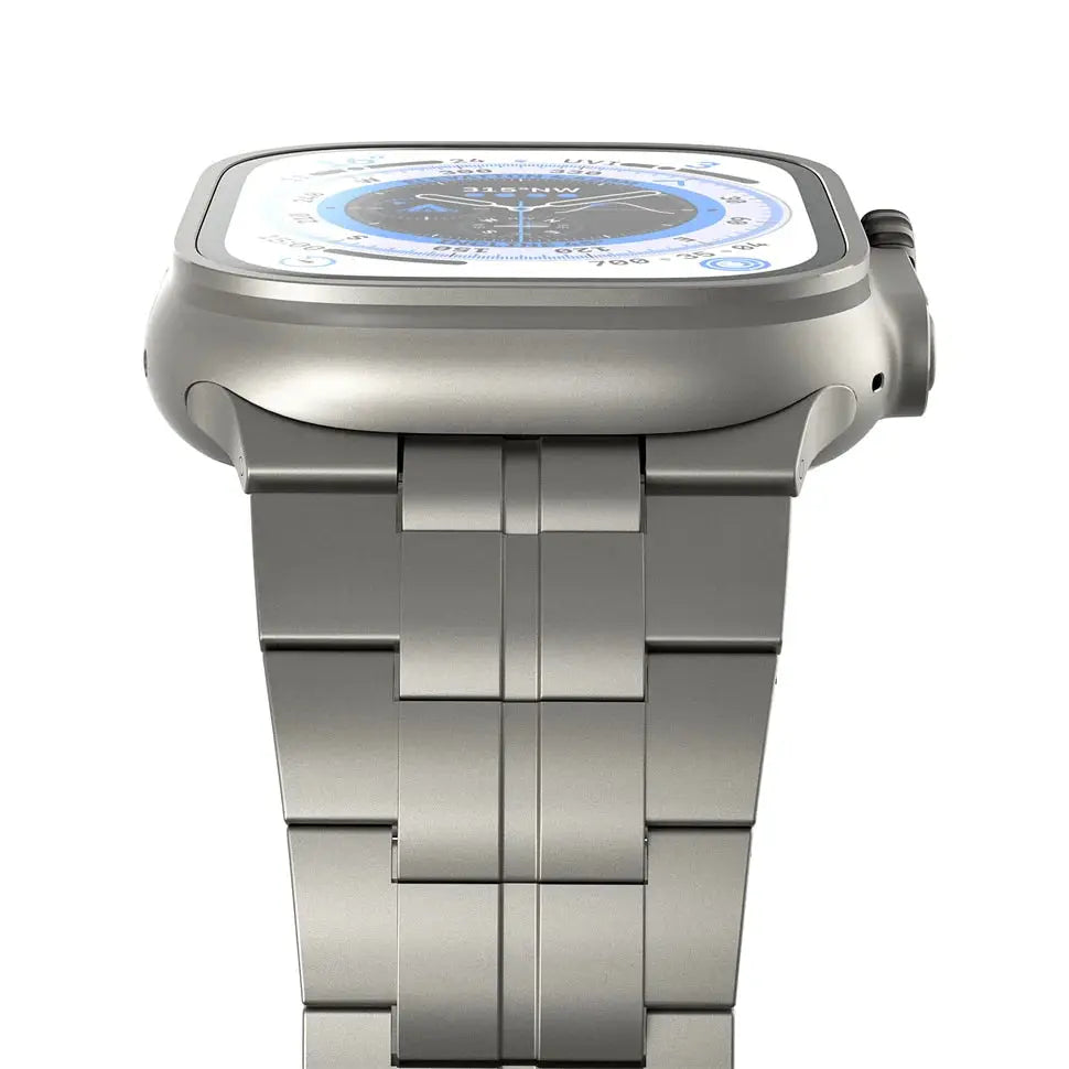 Bold Titanium Bracelet for Apple Watch Ultra, showcasing sleek satin-brushed stainless steel design and secure hidden buckle.