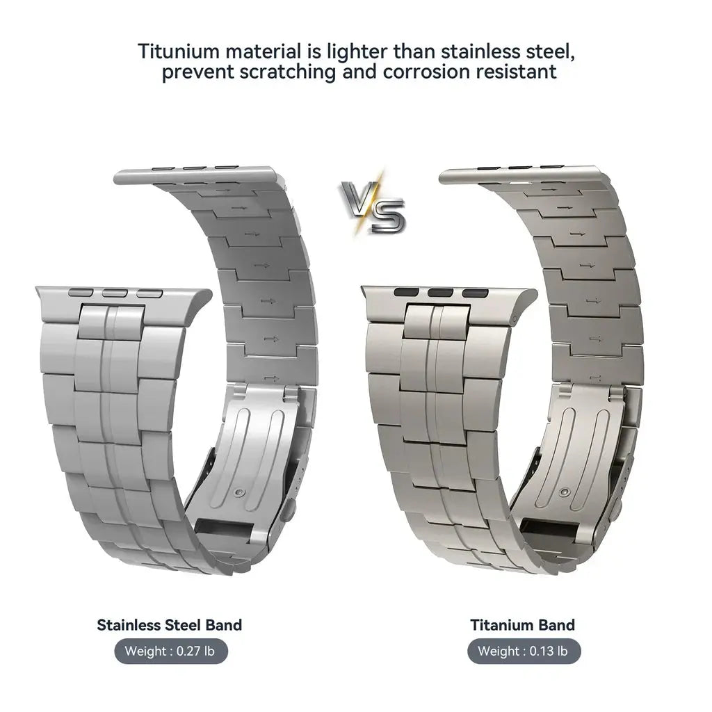 Comparison of stainless steel vs titanium watch bands, highlighting titanium's lighter weight and scratch resistance.