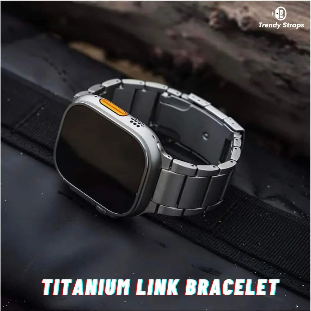Titanium Link Bracelet on an Apple Watch, showcasing strength and elegant design for all-day wear.