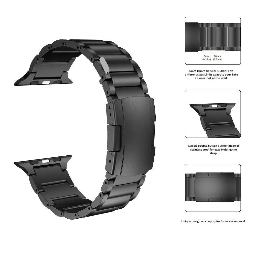 Durable titanium link bracelet for Apple Watch, featuring double button buckle and unique clasp design for easy removal.