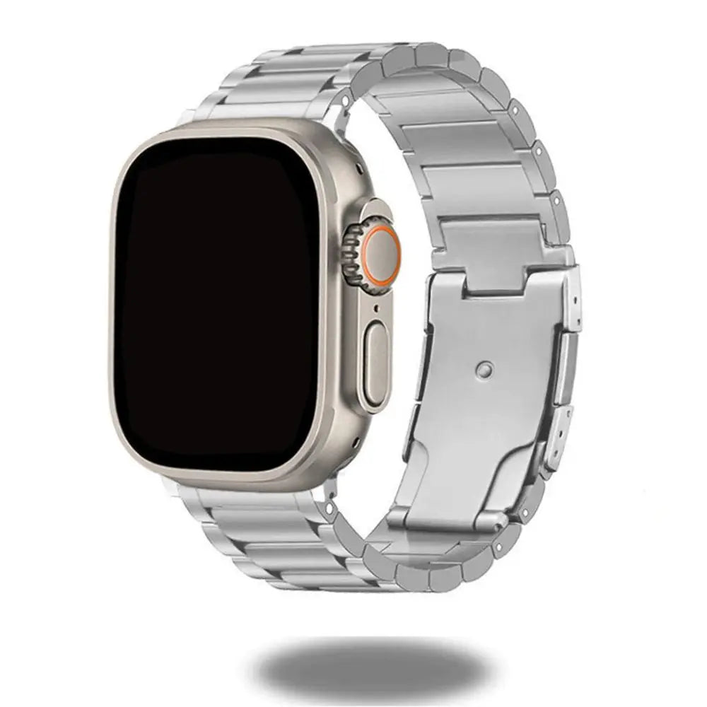 Titanium Link Bracelet for Apple Watch showing a sleek design, crafted from 98.9% titanium for durability and comfort.